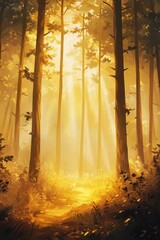 Golden Hour Sunlight Streaming Through Forest Trees - Digital Painting.