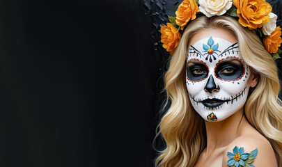 oil painting illustration of  Close-up portrait woman with skull face make up. Dia de Muertos