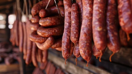 Fototapeta premium Rows of savory sausages hang in a rustic environment, showcasing the rich texture and delicious appeal of cured meats, ready for the feast.
