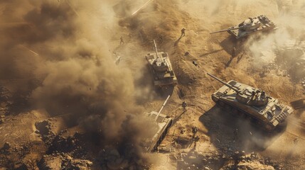 Fototapeta premium Intense aerial battle scene with tanks and soldiers engulfed in thick clouds of dust and smoke, capturing the chaos and ferocity of war.