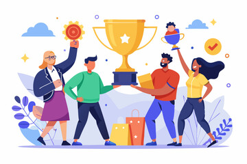 Team achievement, teamwork collaborate work together to achieve business goal, winning award or success, partnership or cooperate concept, business team people celebrate help carry big winner trophy
