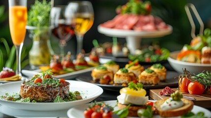 A lush banquet table filled with diverse colorful gourmet appetizers, including sushi, charcuterie, and salads, beautifully arranged for a festive and elegant dining experience.