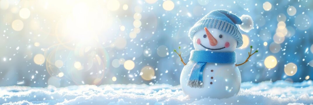 A cheerful snowman with a blue hat and scarf stands in a snowy winter scene, surrounded by sparkling lights. The background is a soft, blue and white blur, suggesting a magical winter wonderland. This