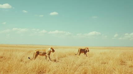 Naklejka premium Two lions majestically stride across the golden savanna, under a vast, clear sky, embodying the wild beauty and freedom of the African wilderness.