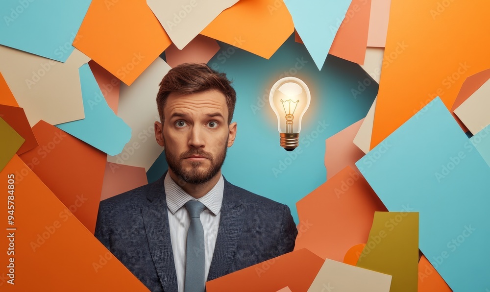 Poster businessman looking up with confused expression and lightbulb idea above him through colorful torn p