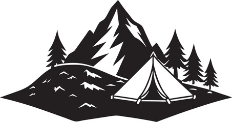 Silhouette mountain range hill camping and fir trees vector illustration on white background