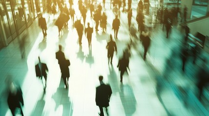 Busy business professionals navigating a modern office lobby in a bustling corporate environment