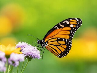 Fototapeta premium monarch butterfly pollinating purple flower with yellow background in garden.