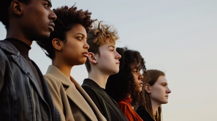 Obraz premium Five young individuals stand side by side, gazing into the distance with a sense of unity and determination against a serene sky backdrop.