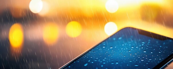 Close-up of a smartphone screen with water droplets in the rain, reflecting vibrant city lights during nighttime.