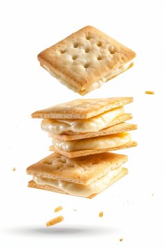 A tower of graham crackers with marshmallow fluff and chocolate suspended in mid-air in a bright, white setting