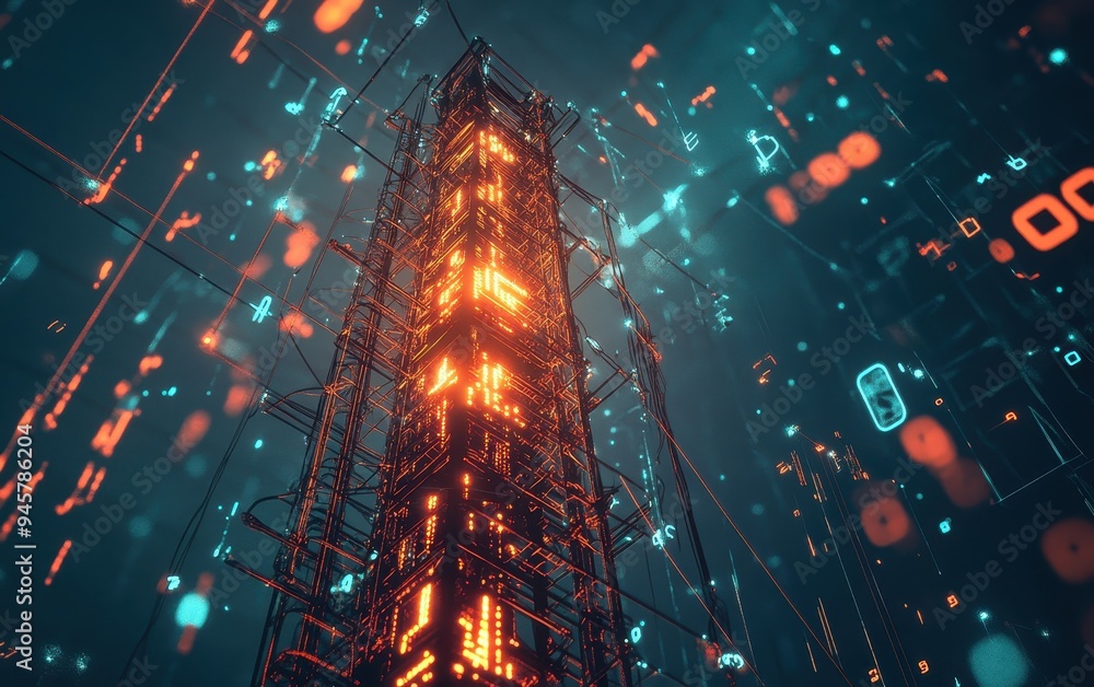 Poster futuristic digital tower with glowing lights and abstract data flow
