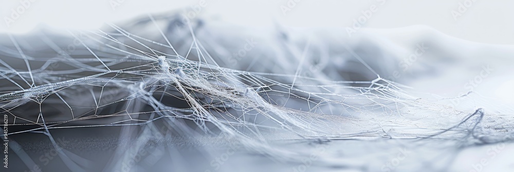 Poster a close-up of intricate cobwebs draped over a sleek surface, capturing the delicate beauty and intri