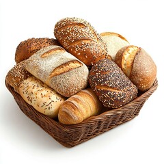 Rustic bread basket, assortment of loaves, soft shadows and highlights, isolated on white background
