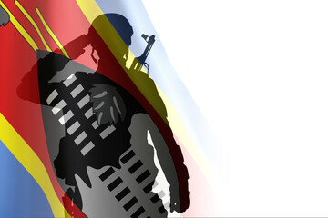 Silhouette of a soldier with the Eswatini flag on white background. National Holidays concept