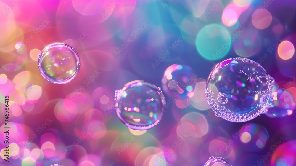 Poster a close-up photograph of colorful soap bubbles floating against a vibrant background of bokeh lights