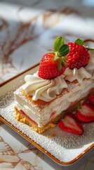 A delectable rectangular slice of strawberry cake featuring layers of fresh strawberries and whipped cream, garnished with whole strawberries and powdered sugar, served on a stylish plate.