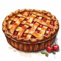 A watercolor illustration of a freshly baked cherry pie with a lattice crust and glistening glaze