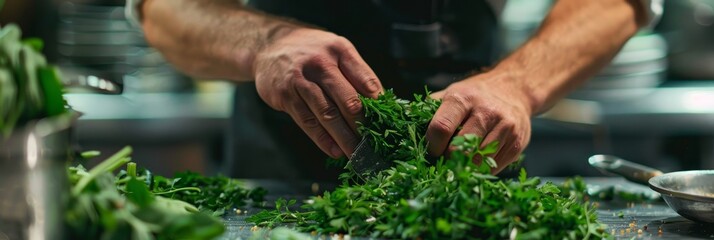 A close-up shot of a chef's hands carefully chopping fresh green herbs on a cutting board, representing the culinary arts, fresh ingredients, healthy eating, skillful preparation, and the essence of f