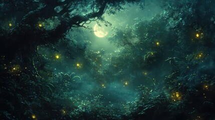 Fototapeta premium Enchanting Moonlit Forest with Fireflies - Magical Nighttime Nature Scene.