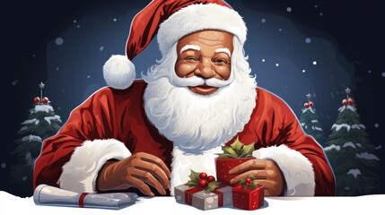 A festive Christmas illustration showcasing Santa Claus in his iconic red suit with white trim, surrounded by beautifully wrapped presents, set against a snowy background.