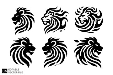 set of lion head graphic design vector clip art black and white silhouette templates