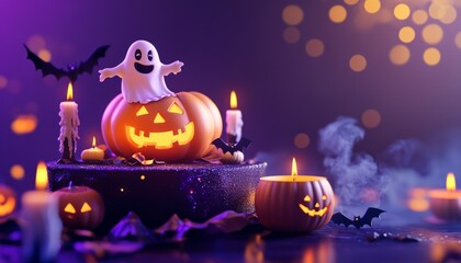 Halloween Scene with Pumpkins, Candles, and Witch Hat on Dark Orange Background