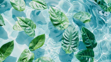 Fresh, green leaves float serenely on crystal-clear water, creating a soothing and tranquil aquatic scene.