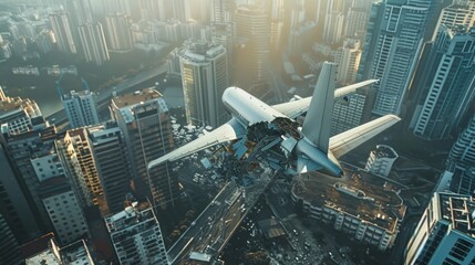 A surreal image of an airplane partially crashed into the top floors of tall city buildings during twilight, creating a haunting scene of chaos and uncertainty.
