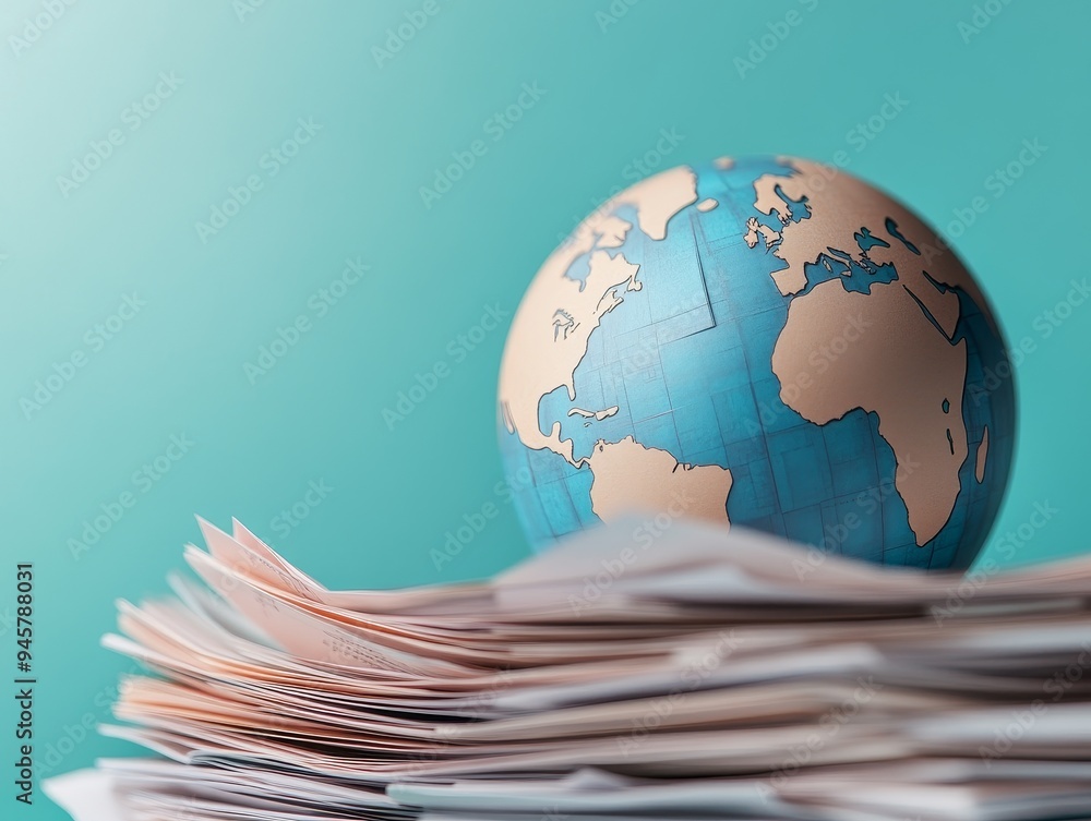 Poster global business and finance concepts stack of paper documents and a globe on blue background.