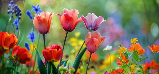 Fototapeta premium Colorful Tulip Flowers in a Lush Meadow