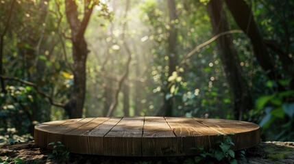 A wooden stump placed on a table in a lush green forest. The podium for the product. Sunlight shining through the trees. The concept of nature, outdoor recreation and tranquility.