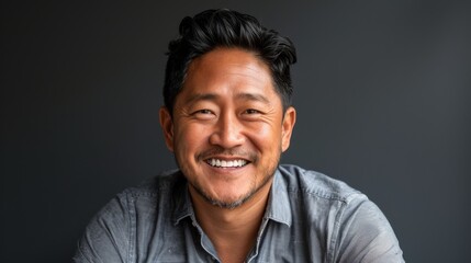 Fototapeta premium A middle-aged man with a radiant smile, wearing a gray shirt, captured against a dark, minimalist background, exuding warmth and approachability.
