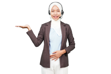 Smiling asian hijab girl customer services presenting isolated transparent