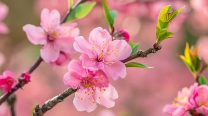 Obraz premium A close-up shot of delicate peach blossoms in full bloom, signifying new beginnings, springtime beauty, and the promise of a fruitful season. The soft pink petals and vibrant green leaves create a har