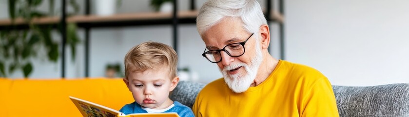 grandfather reading a book to his grandson, happy family moment, bonding time, elderly man and child, love and care.