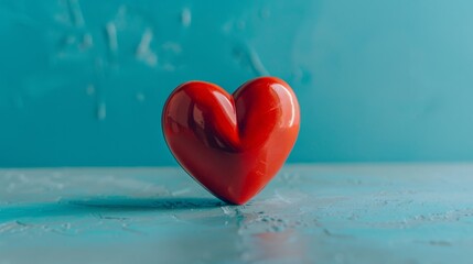 A glossy red heart stands out against a vivid teal background, symbolizing love and passion.