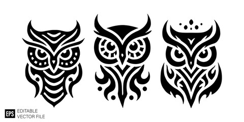 Obraz premium set of owl tribal tattoo graphic design vector clip art black and white silhouette templates