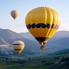 Obraz premium three colorful hot air balloons soaring above mountainous landscape at sunrise