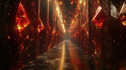 Glowing Red Crystal Corridor - Futuristic Sci-Fi Abstract Background