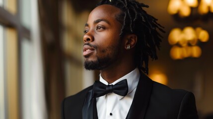 A man with dreadlocks dressed in a black tuxedo, gazing thoughtfully out the window in a well-lit room adorned with luxurious decor.