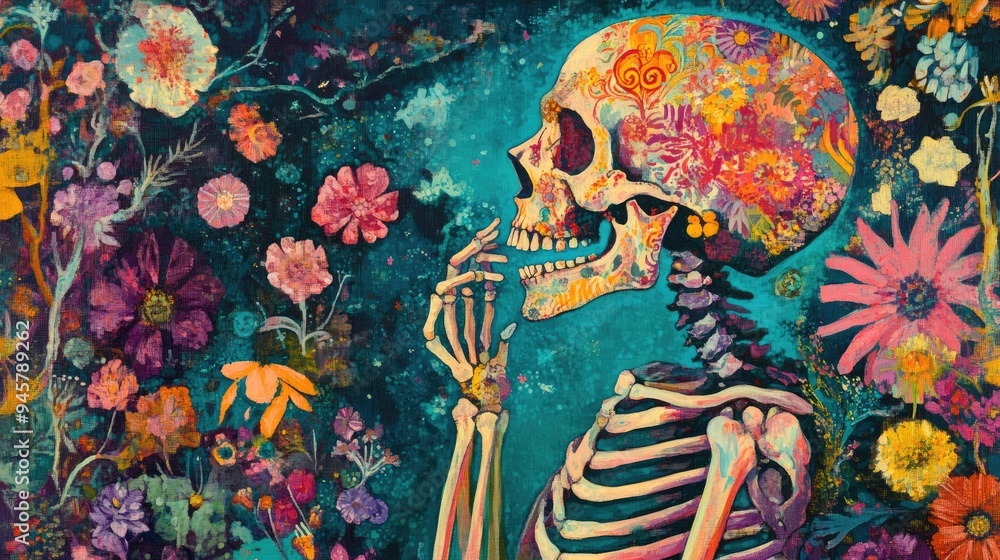 Sticker Colorful Skull with Floral Pattern Against a Background of Flowers