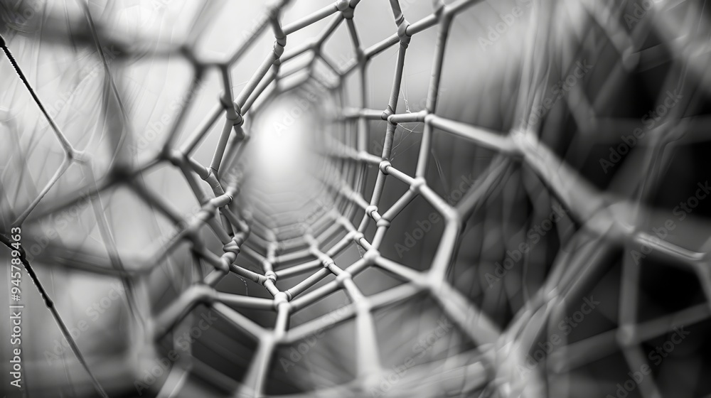 Poster a close-up view of a geometric cobweb, highlighting the intricate structure and delicate pattern. it