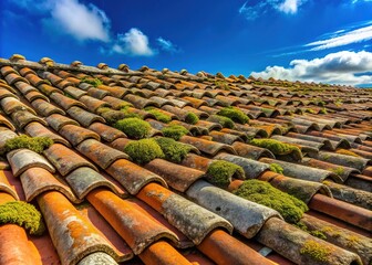 Weathered terracotta roof tiles with moss and lichen growth, textured ridges, and faded patina, set against a clear blue sky with a few wispy clouds.