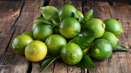 Fresh Spanish limes with vibrant green color and textured surface displayed on a rustic wooden table with a few green leaves enhancing the fresh and natural look