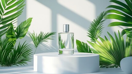 Glass Perfume Bottle on a White Pedestal Surrounded by Green Leaves