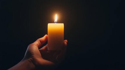A hand holding a lit candle, with the soft glow illuminating the surrounding darkness