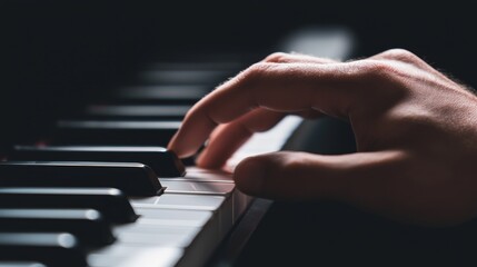 Fototapeta premium A hand pressing a piano key, captured in the moment of playing a beautiful melody