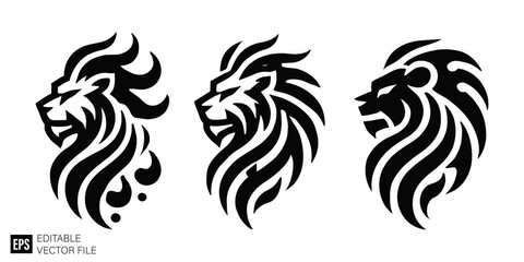 set of lion head graphic design vector clip art black and white silhouette templates