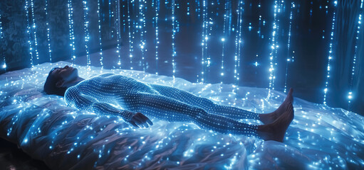 Person in High-Tech Suit Lying on Bed with Futuristic Digital Light Streams in a Surreal Dark Room